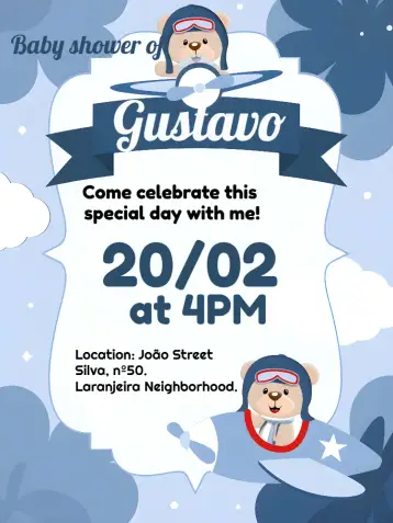 Convite Black Aviator Teddy Bear Diaper Shower para diaper shower for boys – tema diaper shower (modern, fun, aerospace, blue and white, clouds, teddy bears)