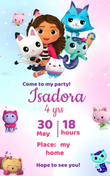 Convite Gabby's Magical Pink House para magical and fun themed children's birthday. – tema most searched for (magic, childish, colorful, fantasy, playful, funny)