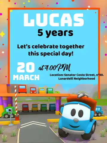 Convite Leo The Truck Boy para children's birthday. – tema most searched for (colorful, childish, playful, modern, fun)