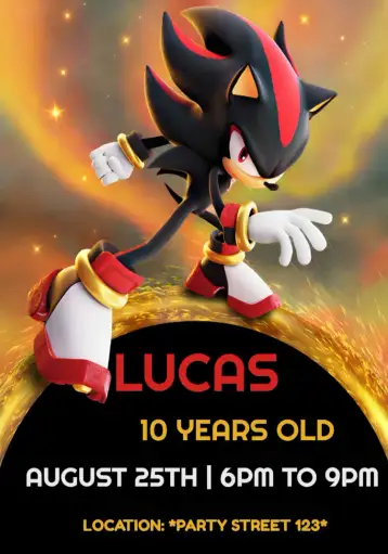 Convite Shadow Red Sonic para children's birthday with game theme – tema kids' birthday party (red, black, games, children's theme, fun, dynamic)
