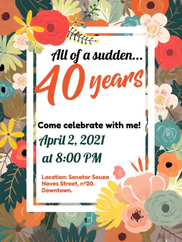 Convite 40 Years Floral Shine para 15th birthday party. – tema sweet 15 (floral, minimalist, golden, modern, tropical)