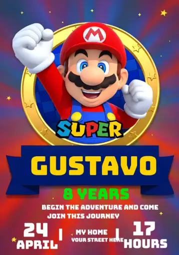 Convite Super Mario Bros World Mariobros para children's birthday with a super mario theme. – tema most searched for (colorful, 3D, games, adventure, fun)