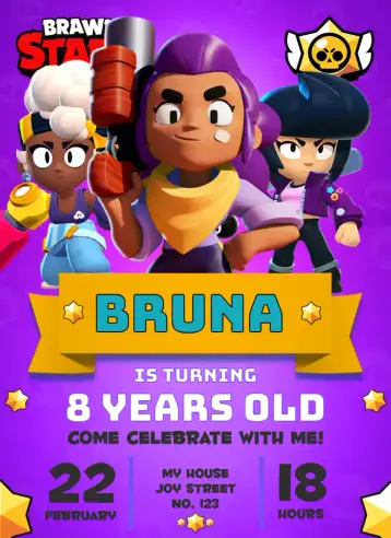 Convite Brawl Stars Girls Trio para kids birthday with brawl stars theme. – tema kids' birthday party (vibrant colors, lively style, game elements, fun design, youthful aesthetic)
