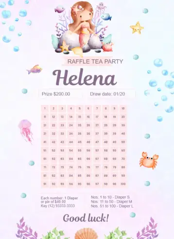 Convite Pink and Lilac Mermaid para raffle tea for the arrival of a baby. – tema raffle tea (delicate, under the sea, pink and lilac, childish, fantasy, dreamy)