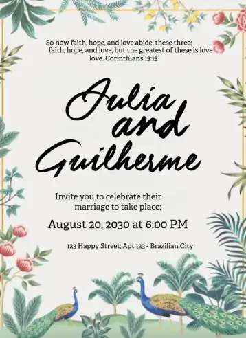 Convite Nature and Peacocks para wedding in the midst of nature. – tema wedding (floral, delicate, vibrant, natural, elegant, modern)