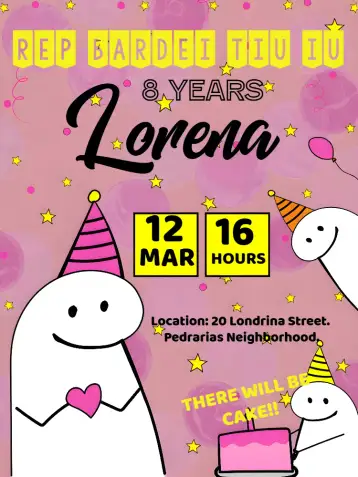 Convite Flork Bento Rosa para children's birthday – tema most searched for (vibrant colors, playful style, fun graphic elements, modern design, cartoon-inspired)