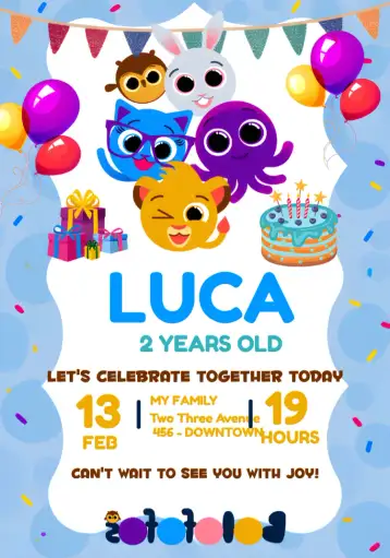 Convite Bolofofos Boy para children's birthday. – tema most searched for (blue, fun, childish, playful, colorful)