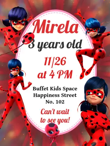 Convite Miraculous Ladybug Pink para children's birthday with miraculous ladybug theme. – tema most searched for (vibrant colors, childish style, ladybug theme, fun design, cheerful look, playful graphic elements)