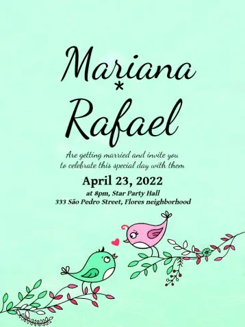 Convite Birds Wedding Lovebirds para charming and romantic wedding. – tema wedding (floral, romantic, modern, rustic, colorful, delicate)