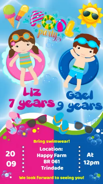 Convite Girl and Boy Pool Party Invitation para perfect for children's birthday parties by the pool. – tema most searched for (pool, summer, sunset, pastel colors, fun, vacation)