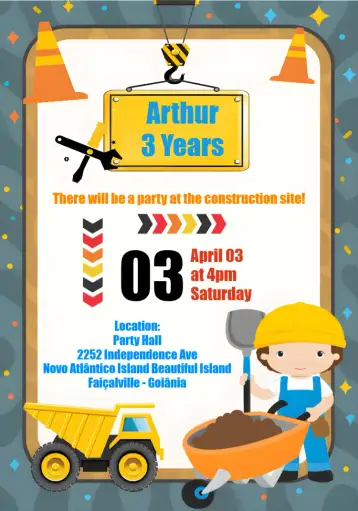 Convite Colorful Construction para raffle tea for children's parties with a construction theme. – tema raffle tea (colorful, fun, childish, construction-themed, modern)
