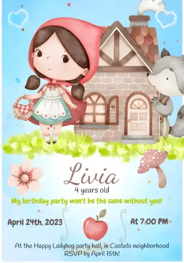 Convite Red Riding Hood Print para children's birthday party with a red riding hood theme. – tema most searched for (watercolor, children's, playful, colorful, modern)