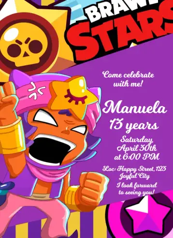 Convite Brawl Stars Sandy Animated para kids birthday – tema kids' birthday party (desert style, vibrant colors, game graphics elements, playful visual, fun design)