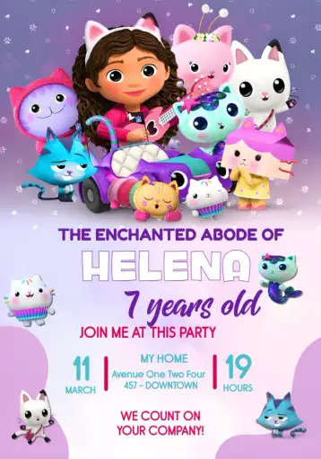 Convite The Magical House of Gabby Kids para kids birthday – tema most searched for (magical, children's, lilac, purple, colorful, fun)