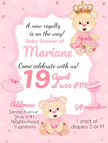 Invite Princess Teddy Bear Baby Shower editable and customizable