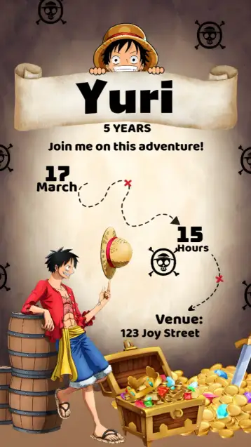 Convite One Piece Netflix para anime fans' birthdays and themed parties. – tema most searched for (colorful, adventure-filled, anime-themed, modern, fun-filled)