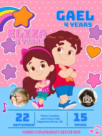 Convite Double Maria Clara And Jp With Photo Youtube para children's birthday. – tema most searched for (colorful, fun, childish, modern, bright)