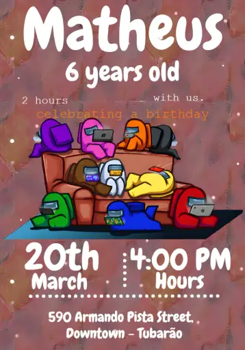 Convite Among Us Amongus para themed party or children's birthday. – tema most searched for (colorful, fun, games, childish, themed, modern)