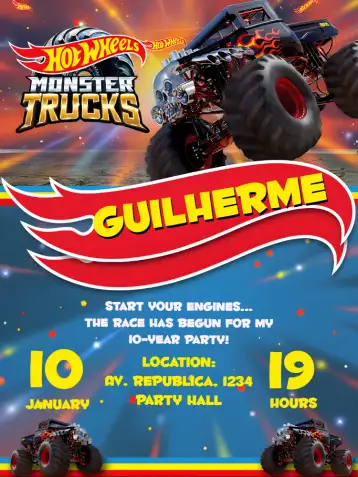 Convite Red Hotwheels para children's birthday with a car theme. – tema most searched for (vibrant, colorful, modern, themed, fun)
