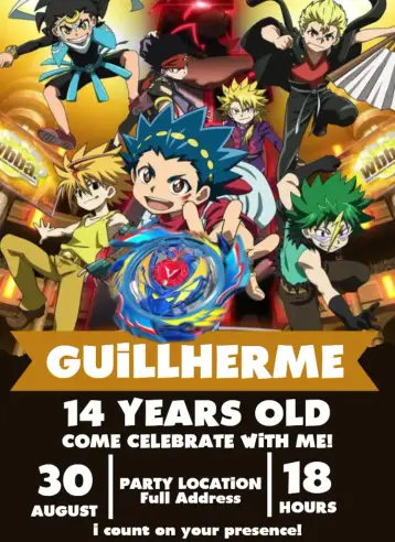 Convite Beyblade Burst Group para kids birthday – tema kids' birthday party (anime, gamer, vibrant, modern, interactive, colorful)
