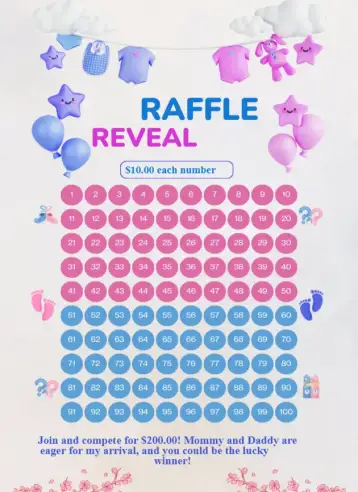 Convite Raffle reveal para gender reveal tea. – tema raffle tea (colorful, cute, modern, minimalist, playful, childlike)