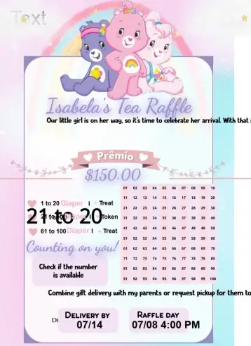 Convite Care Bears para raffle tea to celebrate the baby's arrival. – tema raffle tea (soft colors, childish style, graphic elements of teddy bears, cheerful design, party theme, affectionate look)