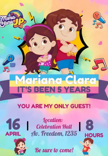 Convite Maria Clara And Jp Colorful para children's birthday. – tema most searched for (colorful, playful, fun, childish, jovial)