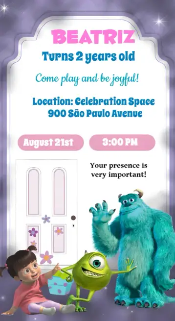 Convite Monsters Inc. Boo Pink para children's birthday and themed parties – tema most searched for (colorful, fun, themed, childish, modern)