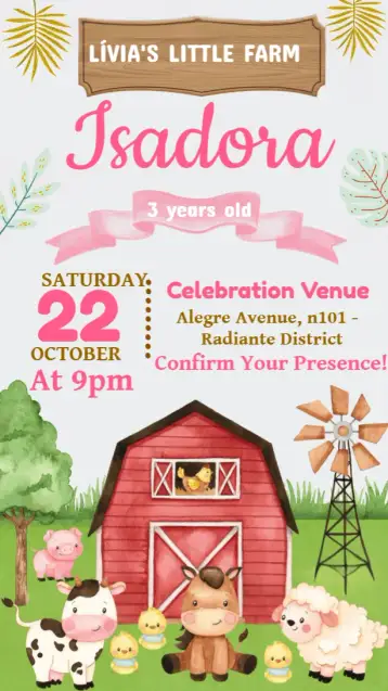 Convite Watercolor Farm Girl Party para children's birthday – tema most searched for (watercolor, pink, little animals, kids, playful, funny)