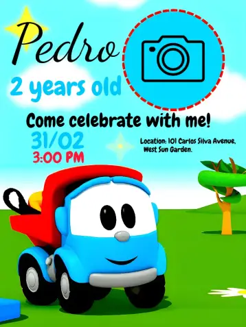 Invite Léo The Truck With Green Photo editable and customizable