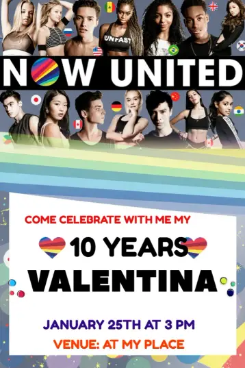 Convite Now United para animated birthday and themed parties. – tema most searched for (modern, vibrant, musical, youthful, colorful)