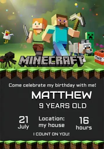 Convite Green Minecraft para children's birthday with minecraft theme. – tema most searched for (player, Minecraft-themed, vibrant colors, fun visual, graphic elements, digital style)