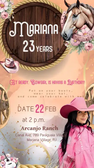 Convite Cowgirl Ana Castela Cowboy para birthday with cowboy and cowgirl theme. – tema most searched for (country, cowboy, vintage, pink, fun, thematic)