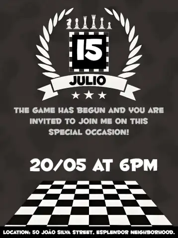 Convite Chess Board Invitation para chess-themed birthday. – tema most searched for (black and white, modern, minimalist, board game, elegant)