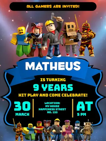 Convite Black Roblox para children's birthday with roblox theme. – tema most searched for (modern, gamer, black and green, fun, digital, interactive)