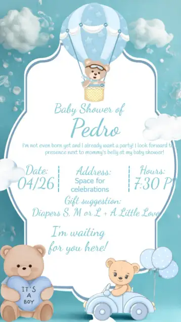 Convite Blue Balloon Teddy Bear Baby Shower para baby shower to celebrate the baby's arrival. – tema diaper shower (blue, white, playful, cute, balloons, teddy bear)