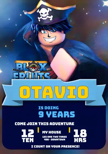 Convite Blox Fruits Pirate para children's birthday, especially for fans of games and adventures. – tema kids' birthday party (pirate, colorful, adventure, games, kids, fun)