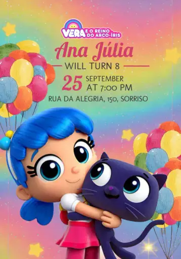 Convite Vera And The Rainbow Kingdom Balloons para children's birthday with a rainbow theme. – tema most searched for (colorful, childlike, playful, festive, fun)