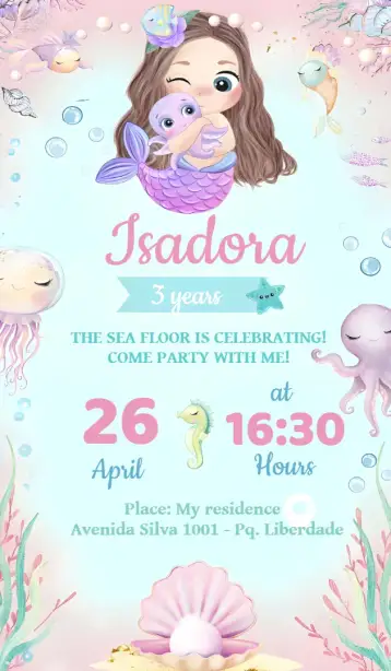 Convite Delicate Mermaid para kids birthday. – tema most searched for (candy colors, navy blue, delicate, childish, fantasy)