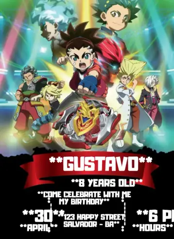 Convite Beyblade Aiger para children's birthday – tema kids' birthday party (colorful, fun, youthful, dynamic, thematic)