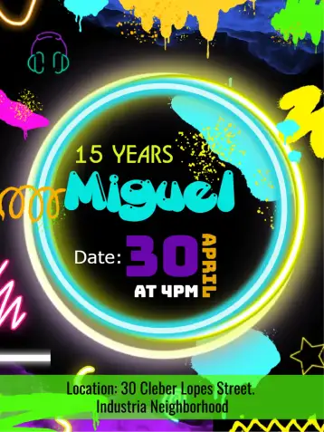 Convite Neon Glow para birthday and themed parties. – tema most searched for (neon, vibrant, modern, nightclub, festive)
