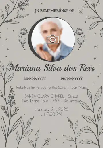 Convite Seventh Day Mass With Photo Tribute para seventh day mass in tribute to loved ones. – tema commemorative dates (minimalist, elegant, subtle, classic, comforting)