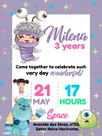 Convite Monsters Inc Boo Purple para children's birthday party with monsters theme. – tema most searched for (colorful, fun, childish, modern, themed)