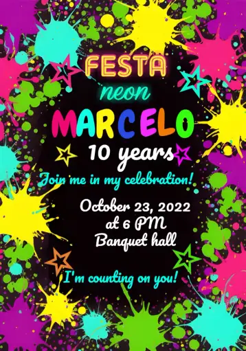 Convite Neon Party Night Little Party para birthday with neon nightclub theme. – tema most searched for (neon, colorful, modern, festive, fun, vibrant)