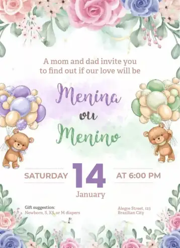 Convite Boy or girl para gender reveal to discover the baby's gender. – tema gender reveal (colorful, modern, playful, fun, minimalist)