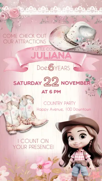 Convite Cowgirl Kids para kids' birthday with rodeo theme. – tema most searched for (floral, cowgirl, rustic, colorful, fun, themed)