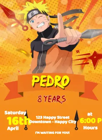 Convite Naruto Kunai para kids birthday with naruto theme. – tema kids' birthday party (modern, fun, colorful, themed, adventure)