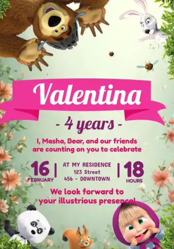 Invitation Masha And The Colorful Bear – Most searched for theme colorful, childlike, fun, woodland, lively, themed