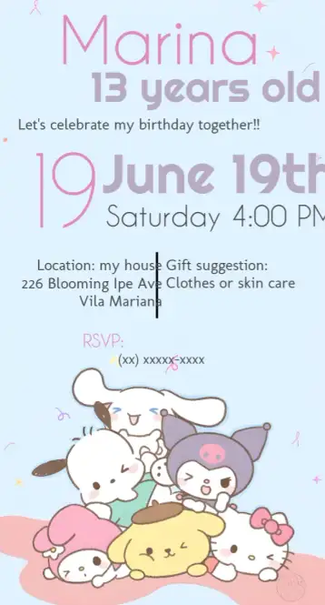 Convite Hello Kitty Sanrio Kuromi para children's birthday party with hello kitty theme. – tema most searched for (vibrant colors, playful style, cute elements, inspired by characters, modern design)