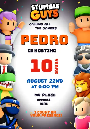 Convite Stumble Guys Green para children's birthday – tema most searched for (colorful, gamer-themed, modern, fun-filled, youthful, lively)